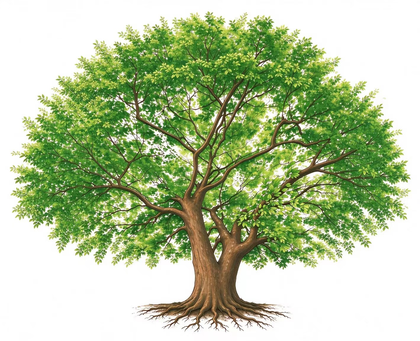 A flourishing green tree with deep roots